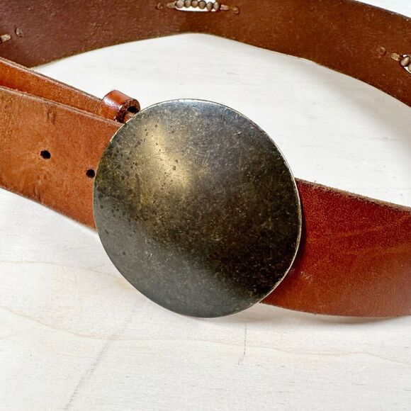 Old Navy Wide Brown Genuine‎ Leather Belt Beaded Plate Buckle - Women's Size S - Picture 3 of 9
